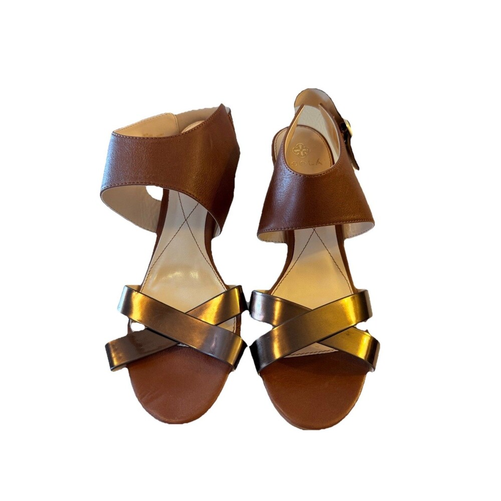 Isola Leather Sandals 3” Wood Block Heels Bronze Metallic Strap Size 9.5